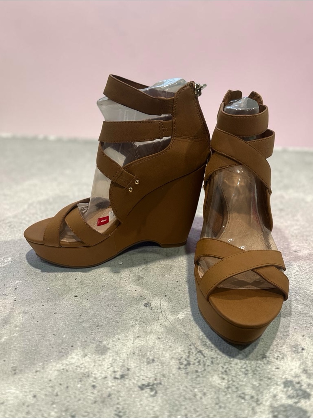Bar III Brown Strappy Platform Wedge Sandals Open Toe Back Zip Women's Size 8